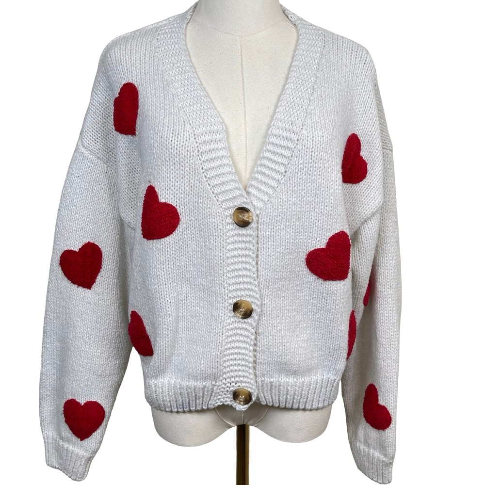 Luna Ivy Heart Print Cardigan Women L‎ White Red Chunky Knit Valentines Novelty